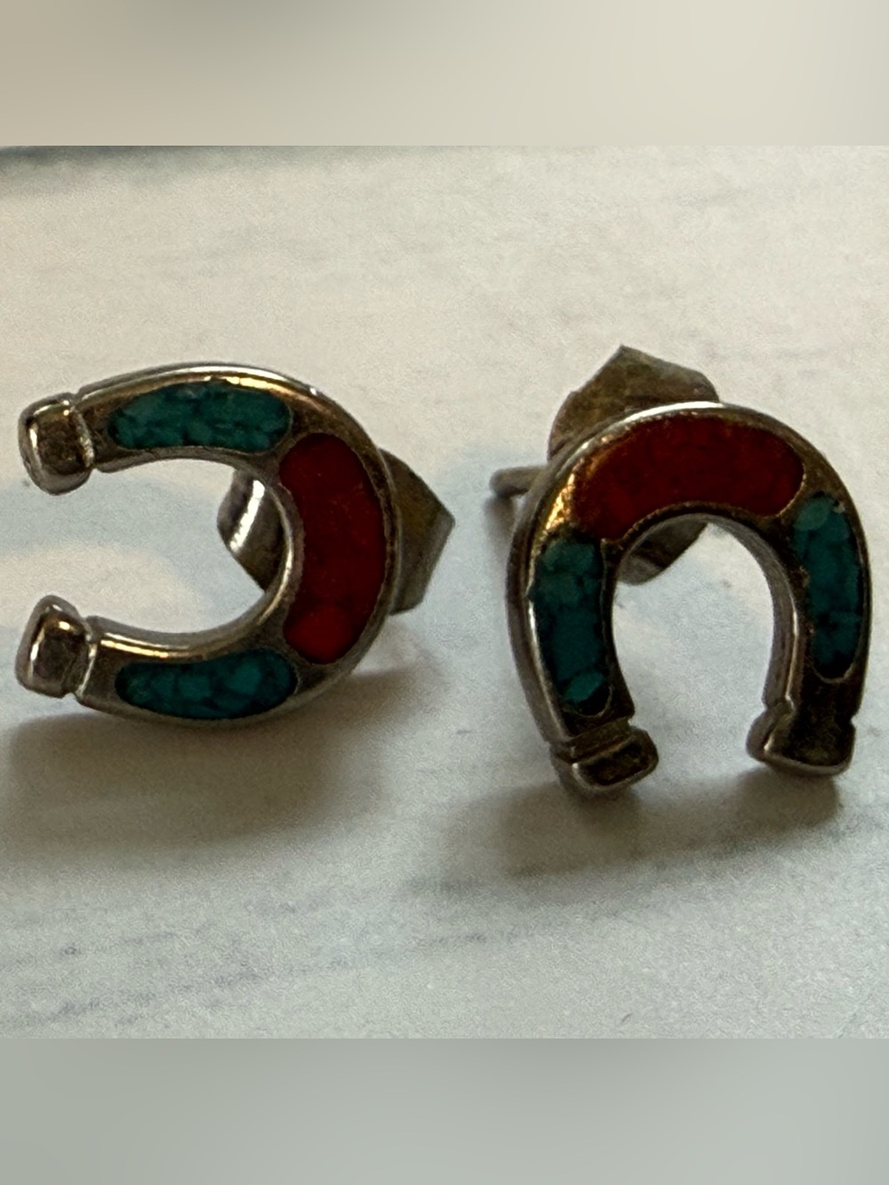 Sterling Horseshoe Stud Earrings with Turquoise & Coral Inlay